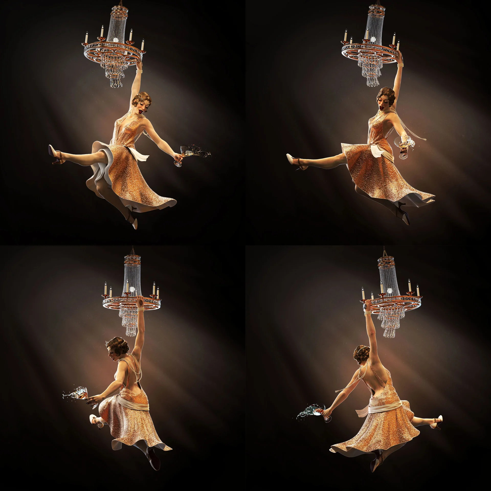 Four-view presentation sheet for the Chandelier Girl character by Anna Schmelzer