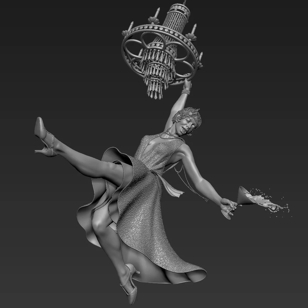 Black-and-white render of the Chandelier Girl character design by Anna Schmelzer