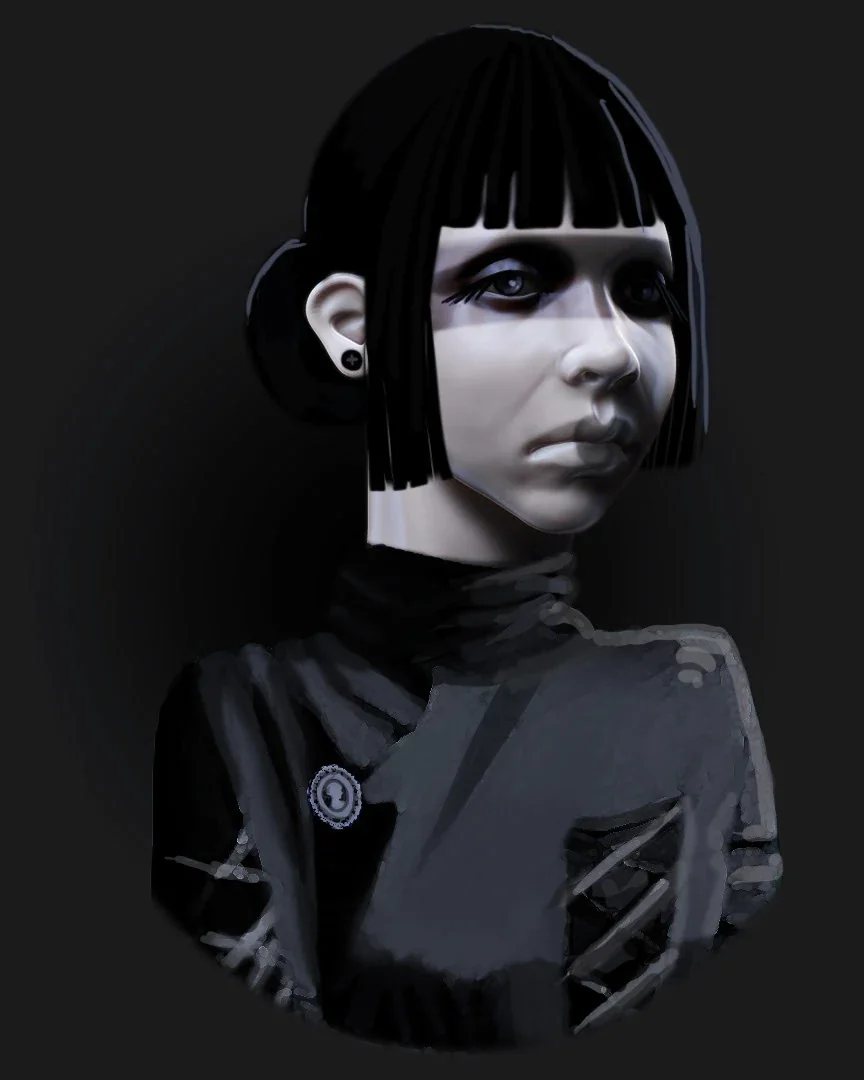 Close-up of the Goth Girl character with blunt bangs and bun hairstyle by Anna Schmelzer
