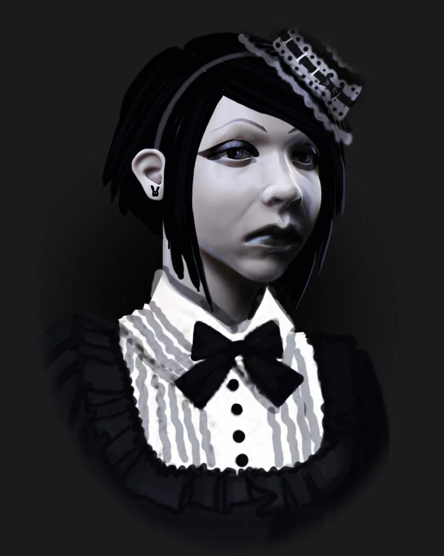Close-up of the Goth Girl character with lolita-style hat detail by Anna Schmelzer