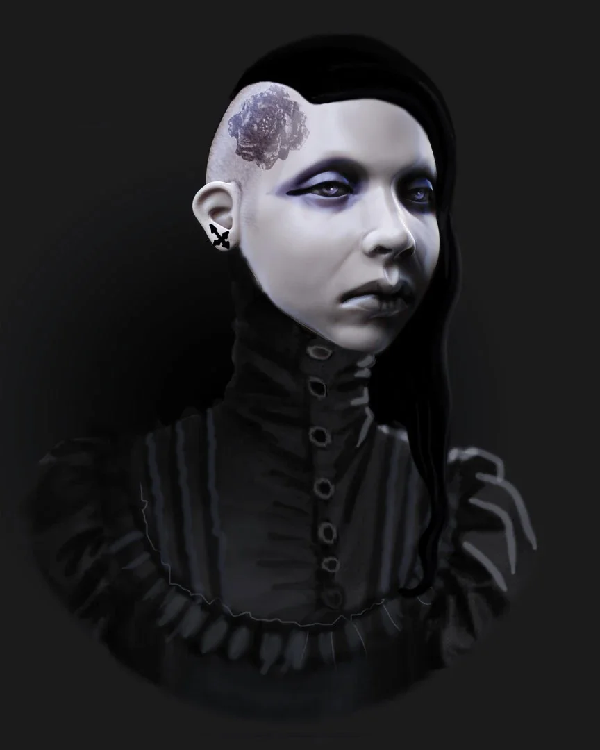 Close-up of the Goth Girl character with shaved side and tattoo detail by Anna Schmelzer