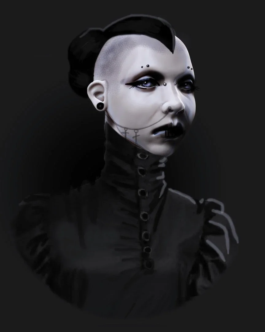 Close-up of the Goth Girl character with piercings and shaved-bun hairstyle by Anna Schmelzer