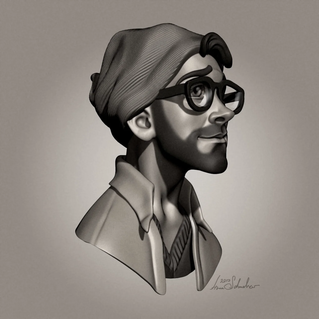 Stylized Hipster character sculpt with glasses in side view by Anna Schmelzer