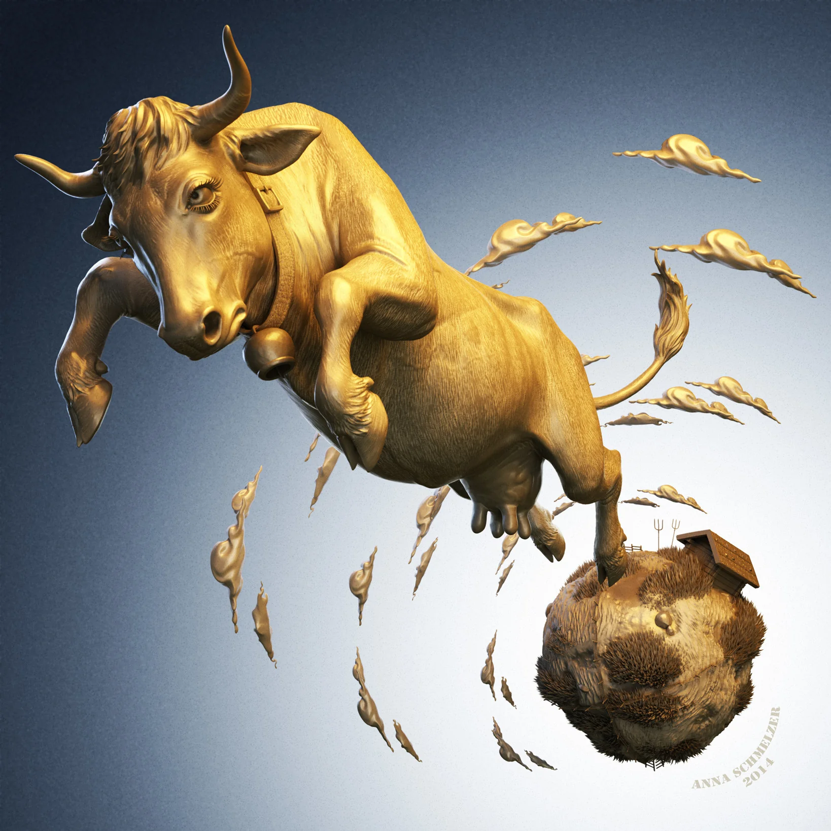 Jumping Cow stylized anatomy study in Octane by Anna Schmelzer