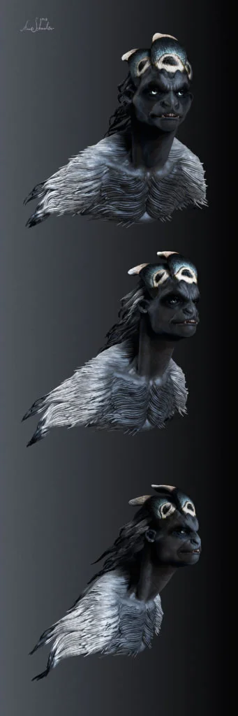 Three-view presentation sheet of the Yeti creature sculpt by Anna Schmelzer