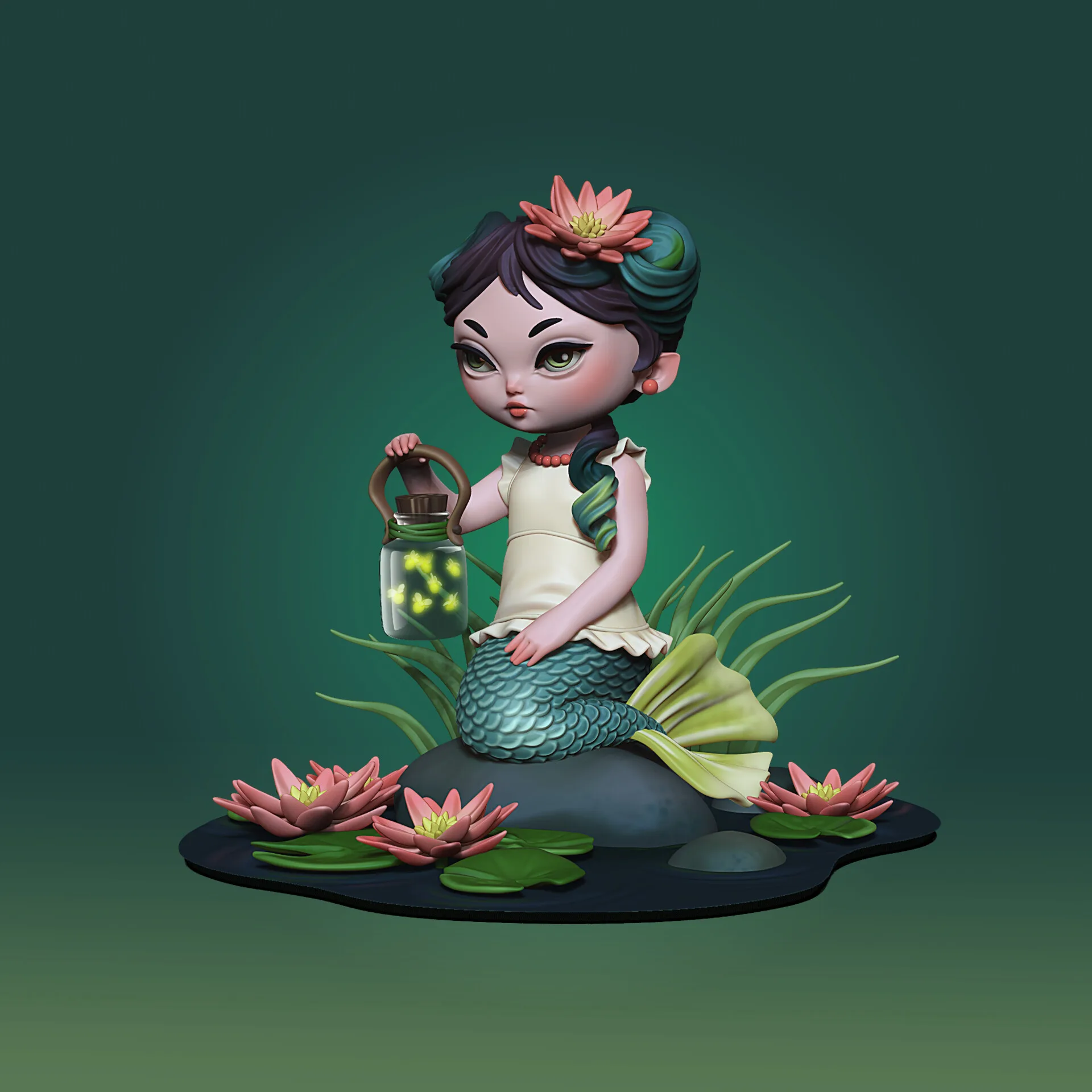Mermaid collectible sculpture in green lamp lighting by Anna Schmelzer