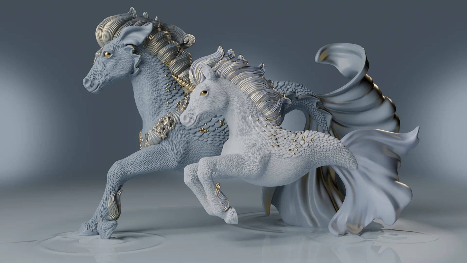 Hippocampus mare and Sea Unicorn foal — Schleich Bayala Meamare toy character sculpt by Anna Schmelzer, Hannover