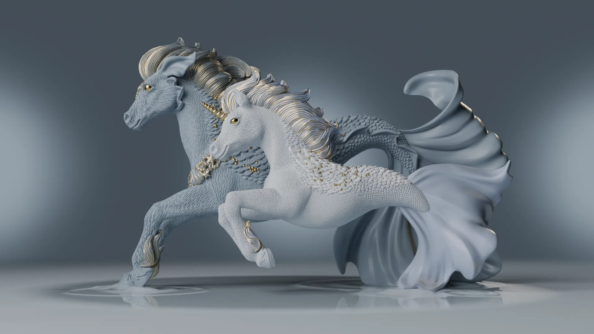 Hippocampus mare and Sea Unicorn foal galloping pose — production-ready fantasy toy sculpt for Schleich Bayala by Anna Schmelzer