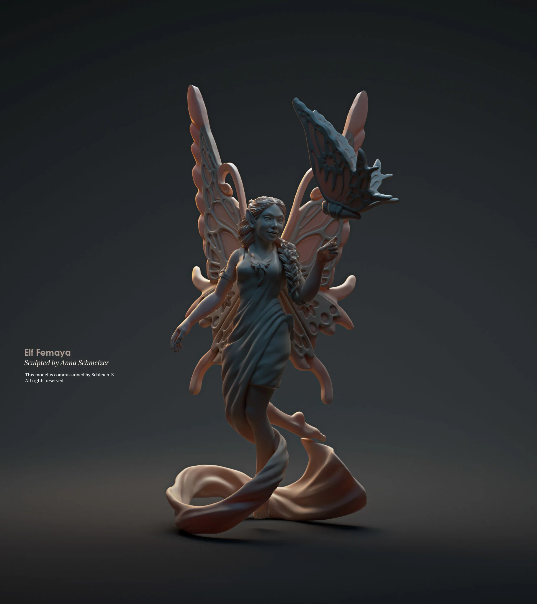 Dark studio render of the Bayala Femaya toy figure sculpt by Anna Schmelzer