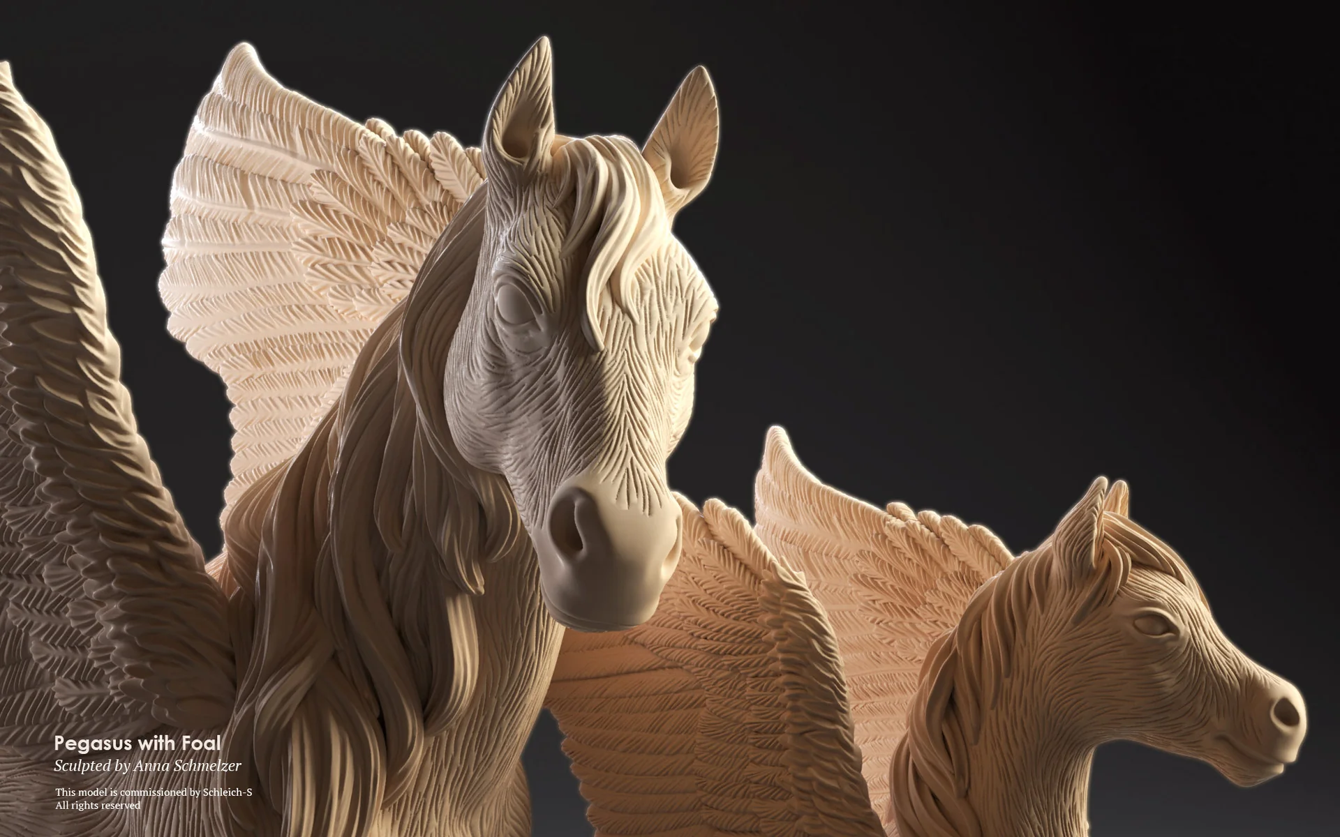 Close-up render of the Bayala Pegasus foal sculpt for Schleich by Anna Schmelzer