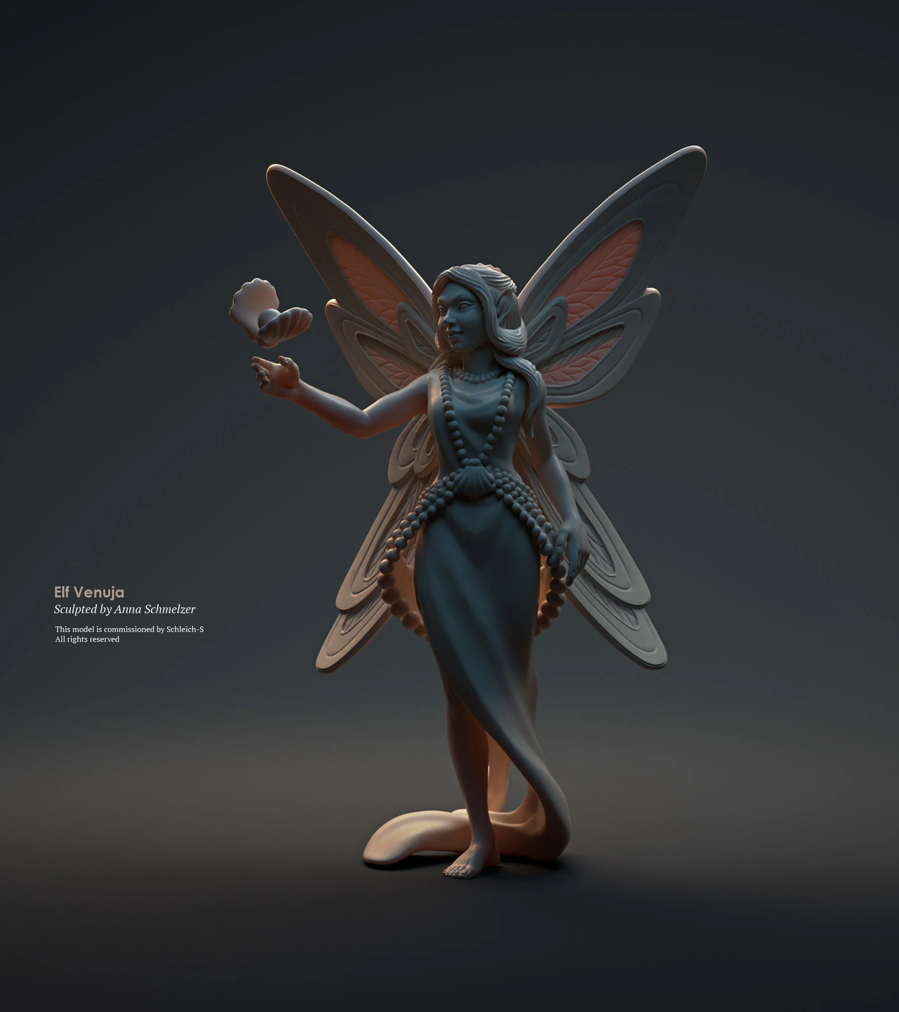 Dark studio render of the Bayala Venuja toy figure sculpt by Anna Schmelzer