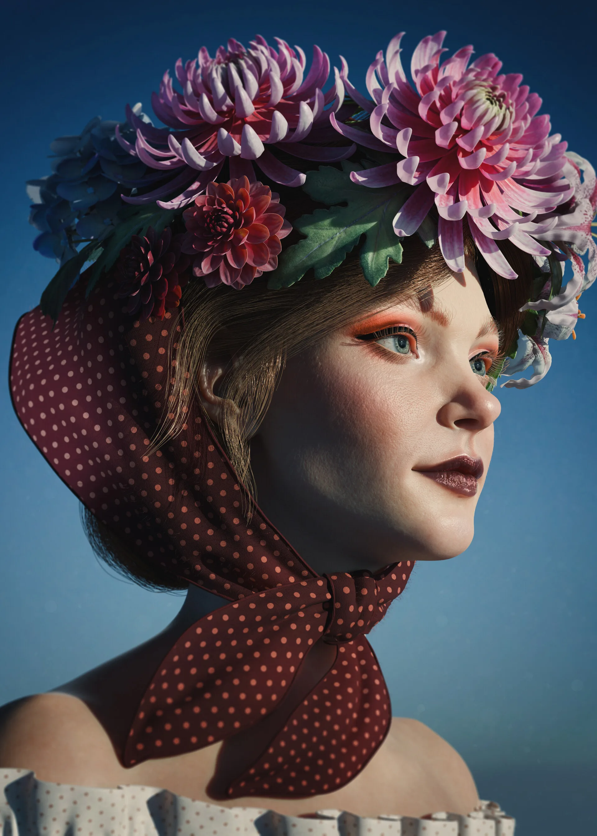 Portrait with Flowers — hyperrealistic ZBrush character sculpt with chrysanthemum crown by Anna Schmelzer