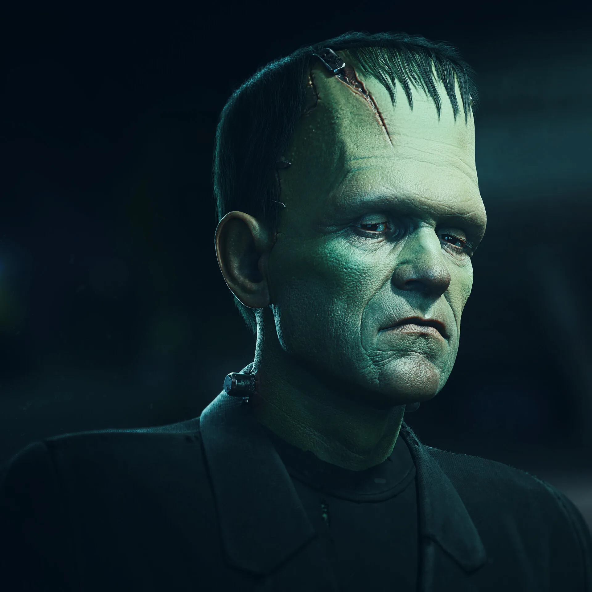 Frankenstein's Monster — alternate 3/4 right render with dramatic atmospheric lighting by Anna Schmelzer