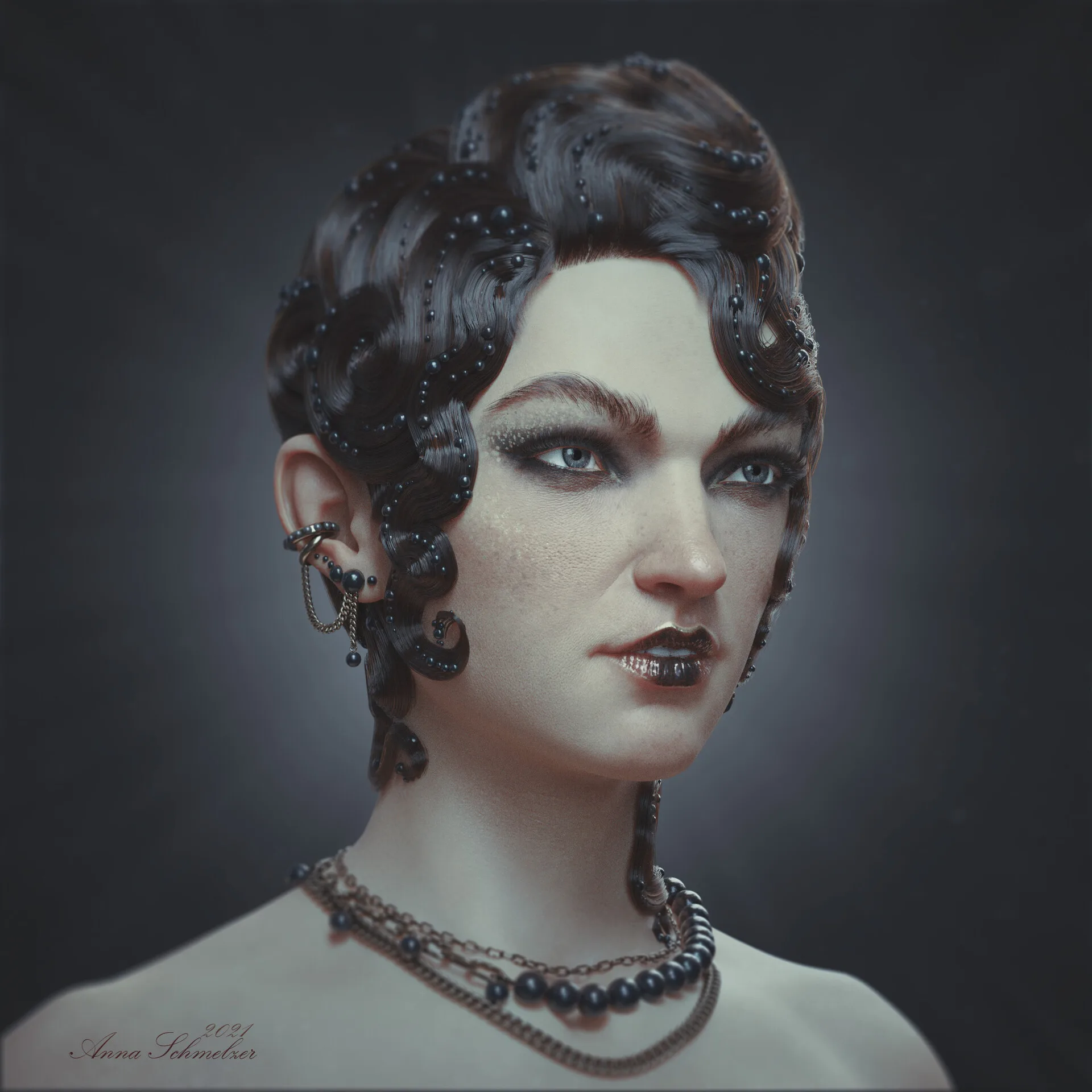 Portrait with Waves — 3/4 right view, hyperrealistic character sculpt with wave-form hair by Anna Schmelzer