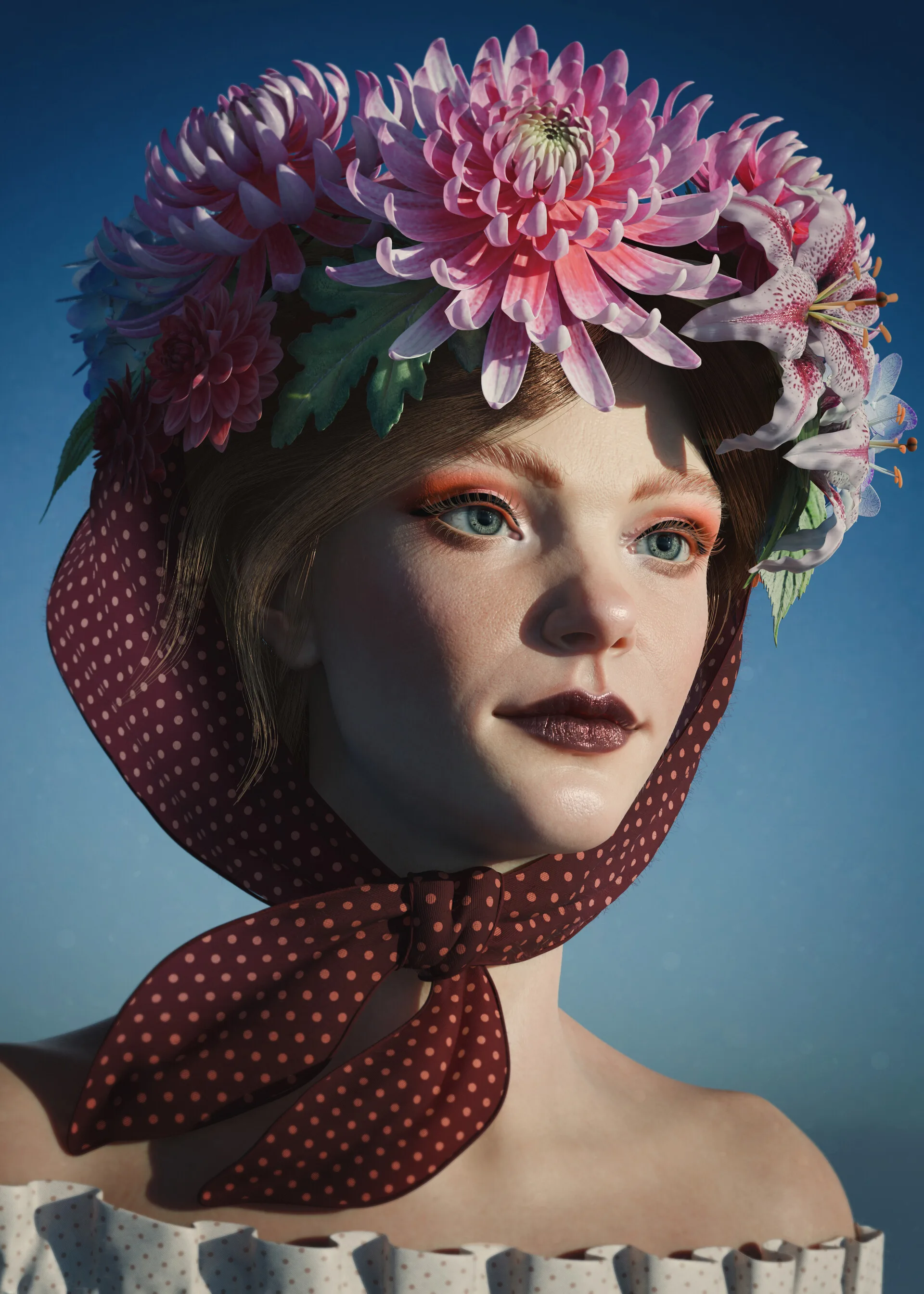 Portrait with Flowers three-quarter view — botanical flower crown digital portrait sculpt by Anna Schmelzer