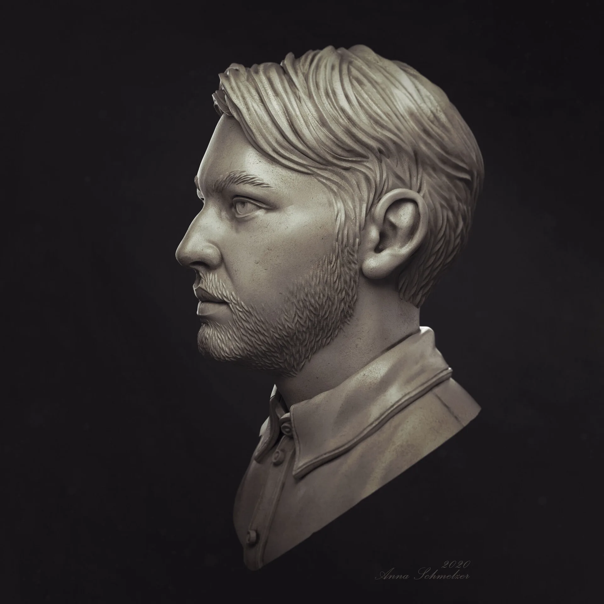 Radcat studio portrait sculpt of Andre at 60-degree left view by Anna Schmelzer