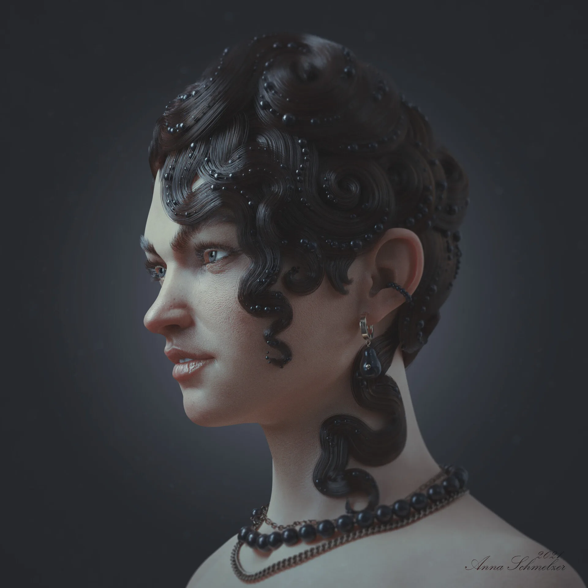 Portrait with Waves — left profile showing wave hair structure and earring detail, ZBrush character model