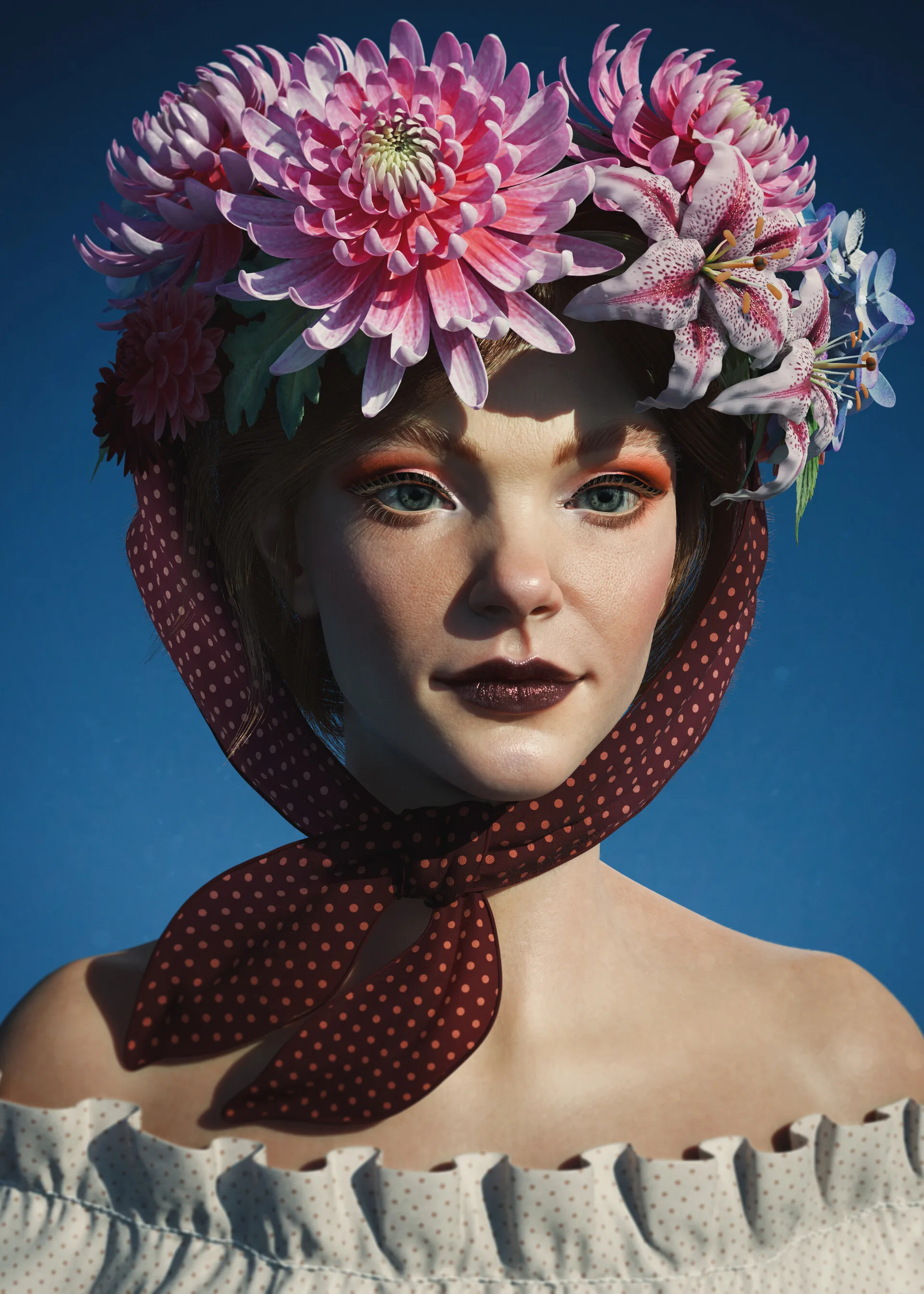 Portrait with Flowers side profile — hyperrealistic portrait sculpture with floral crown by Anna Schmelzer