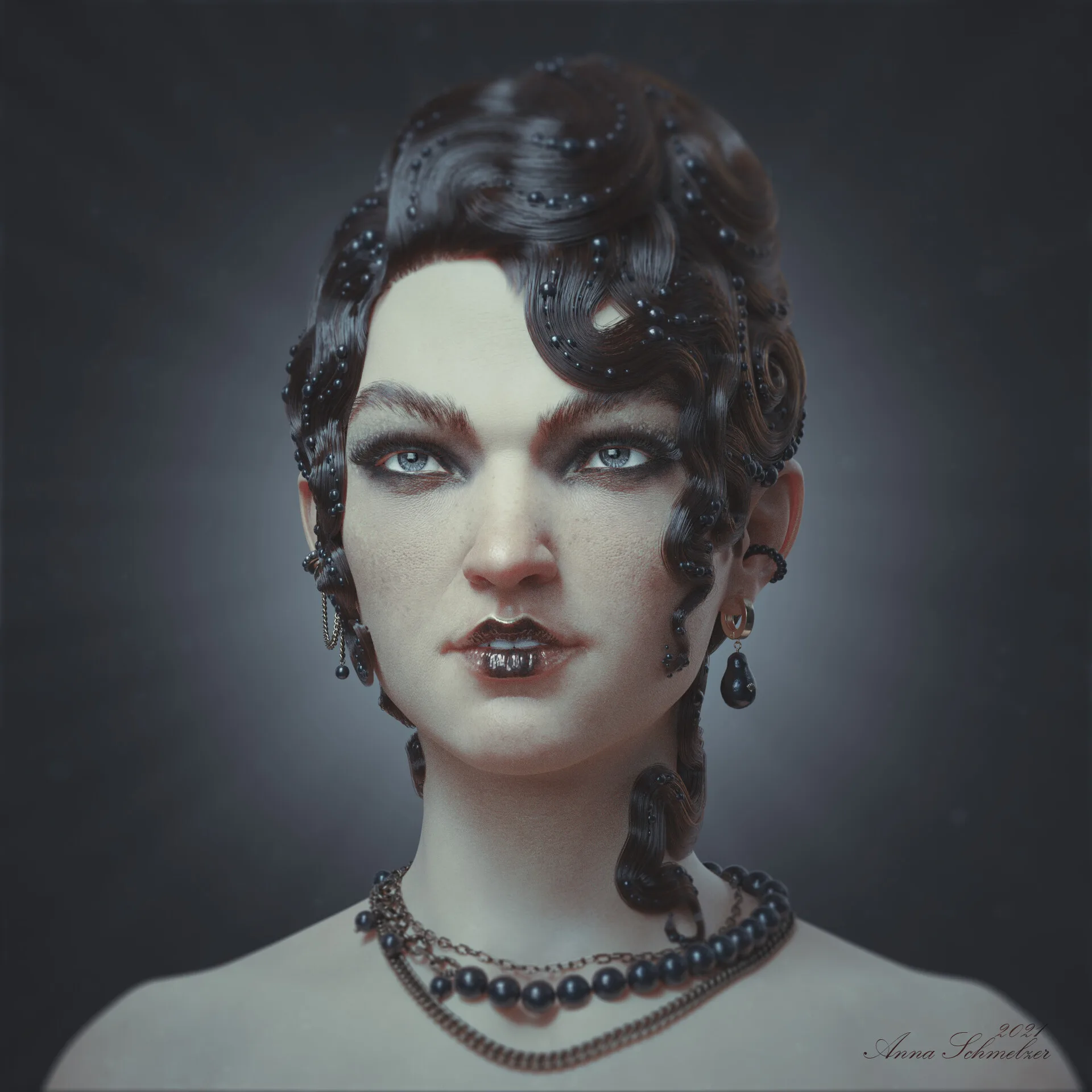 Portrait with Waves — front-facing render with Blender Cycles SSS skin shader by Anna Schmelzer