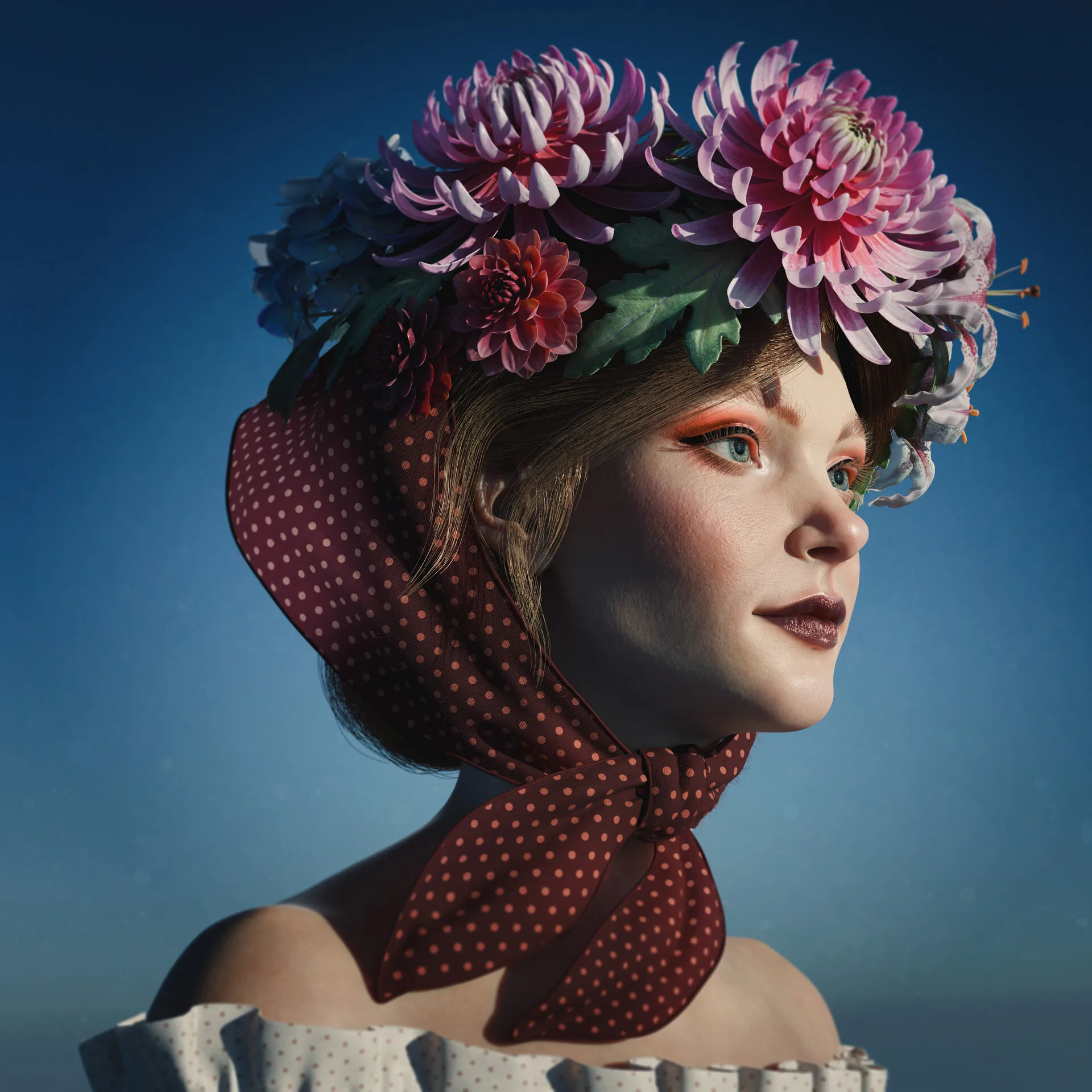 Portrait with Flowers front face detail — photorealistic 3D portrait sculpt by Anna Schmelzer