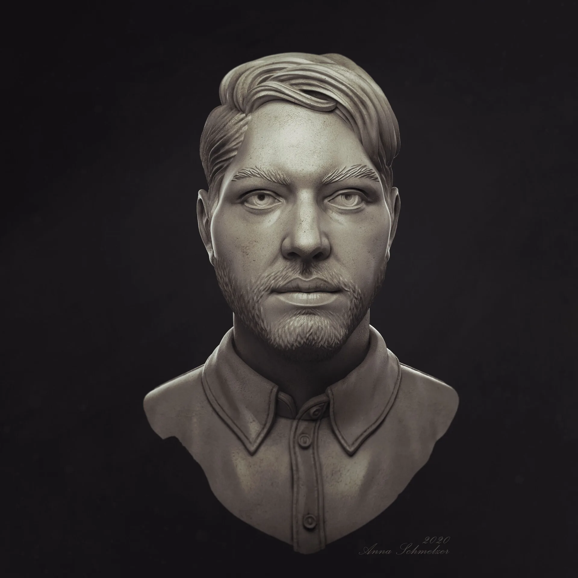 Front view of the Radcat studio portrait sculpt of Andre by Anna Schmelzer