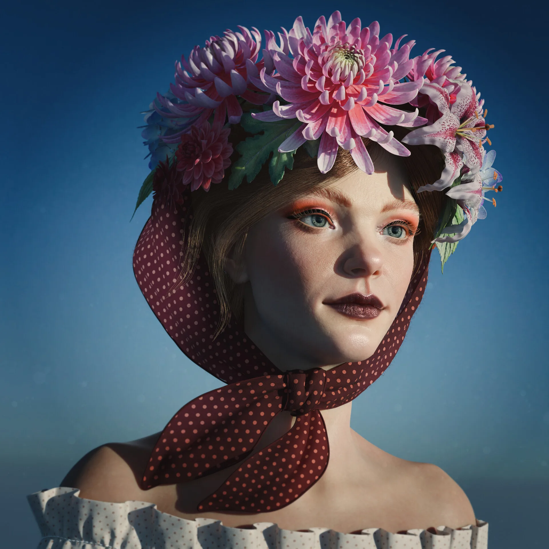 Portrait with Flowers period costume — polka dot scarf and off-shoulder blouse by Anna Schmelzer