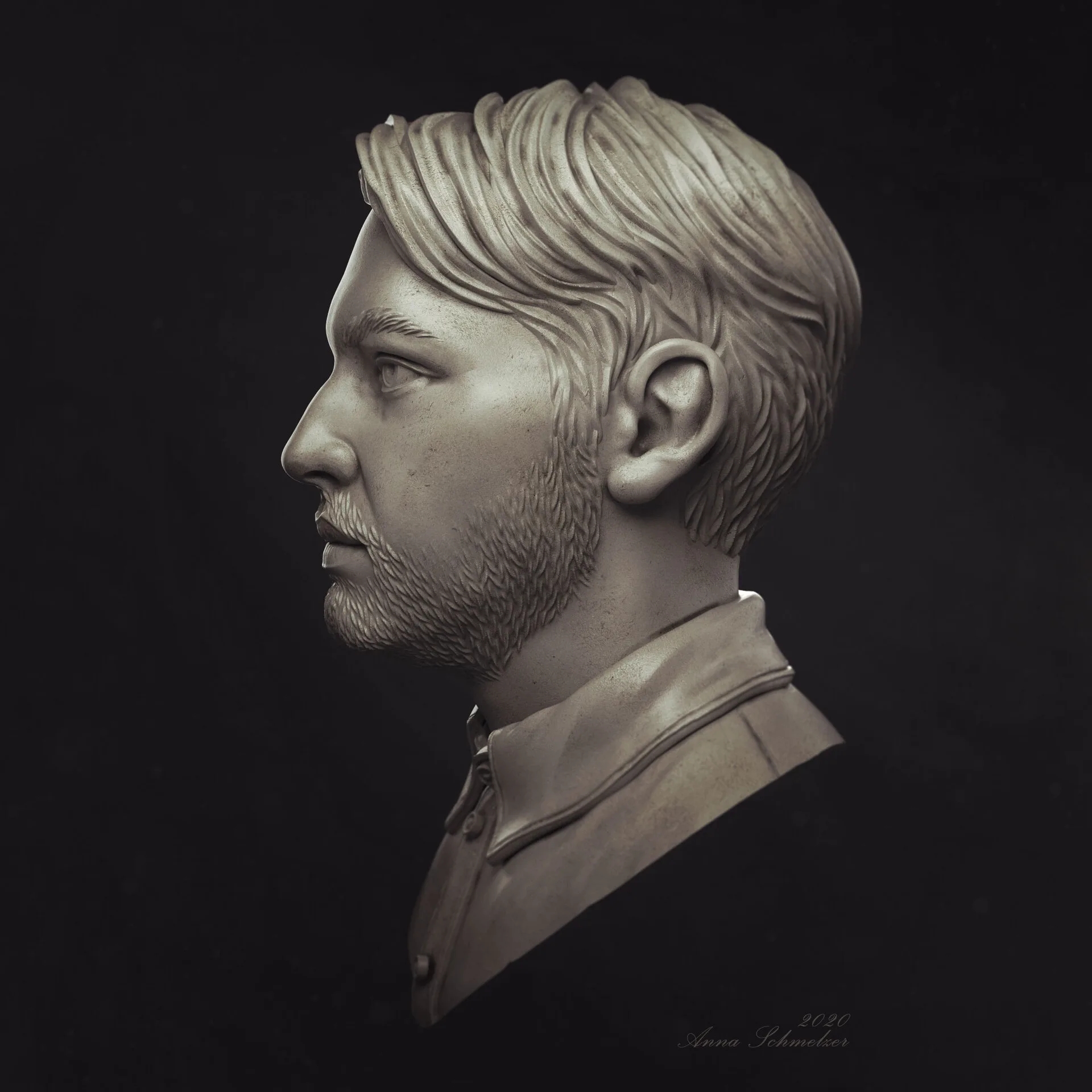 Left profile view of the Radcat portrait sculpt of Andre by Anna Schmelzer