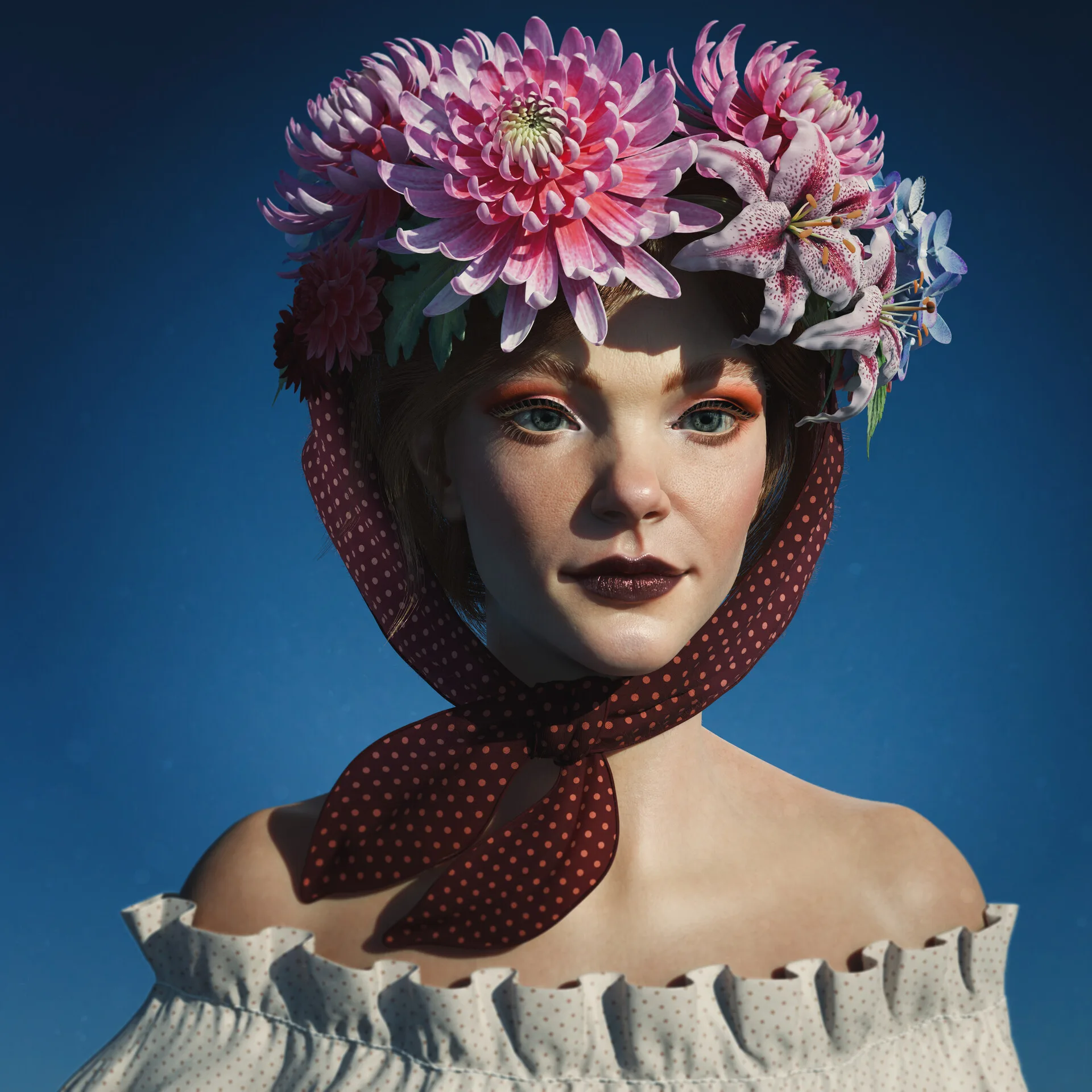 Chrysanthemum crown detail — hand-sculpted botanical elements in Portrait with Flowers by Anna Schmelzer
