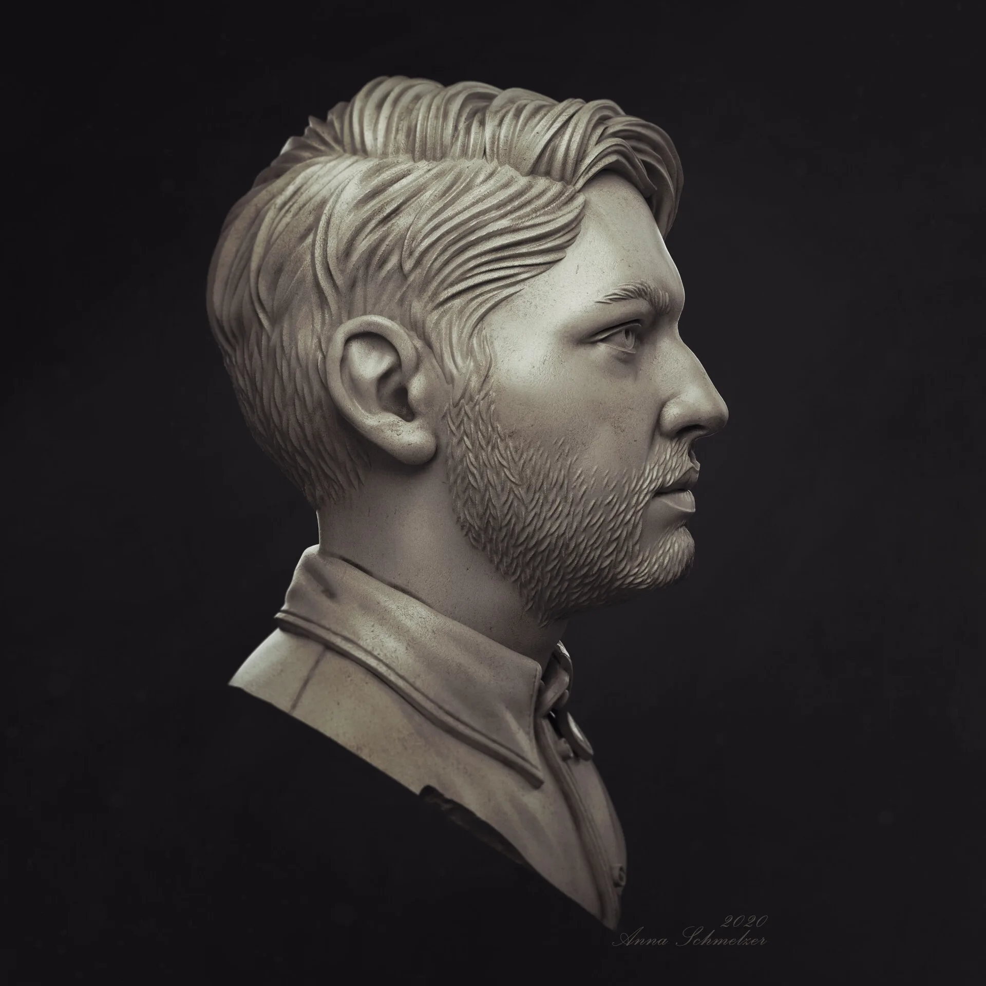 Right profile view of the Radcat portrait sculpt of Andre by Anna Schmelzer