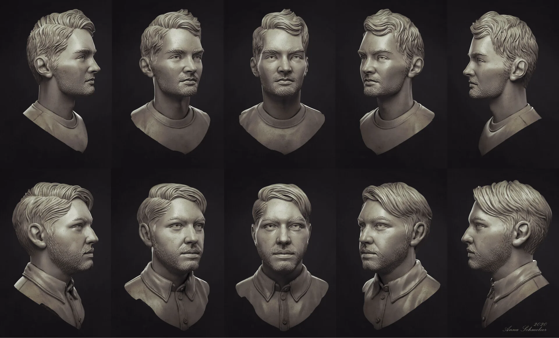 Composite render showing multiple Radcat portrait sculpts by Anna Schmelzer