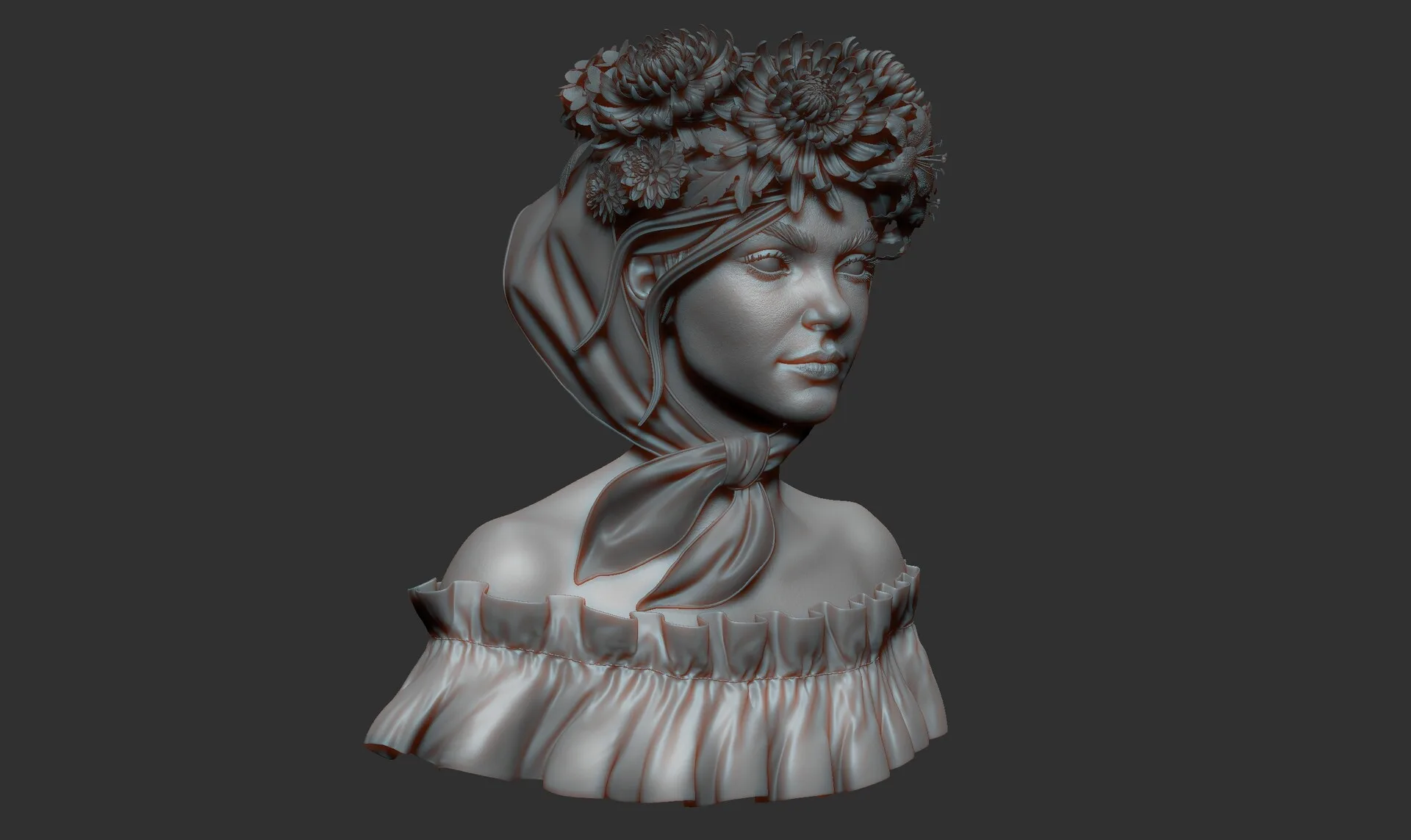 Portrait with Flowers ZBrush clay render 01 — character sculpting process by Anna Schmelzer