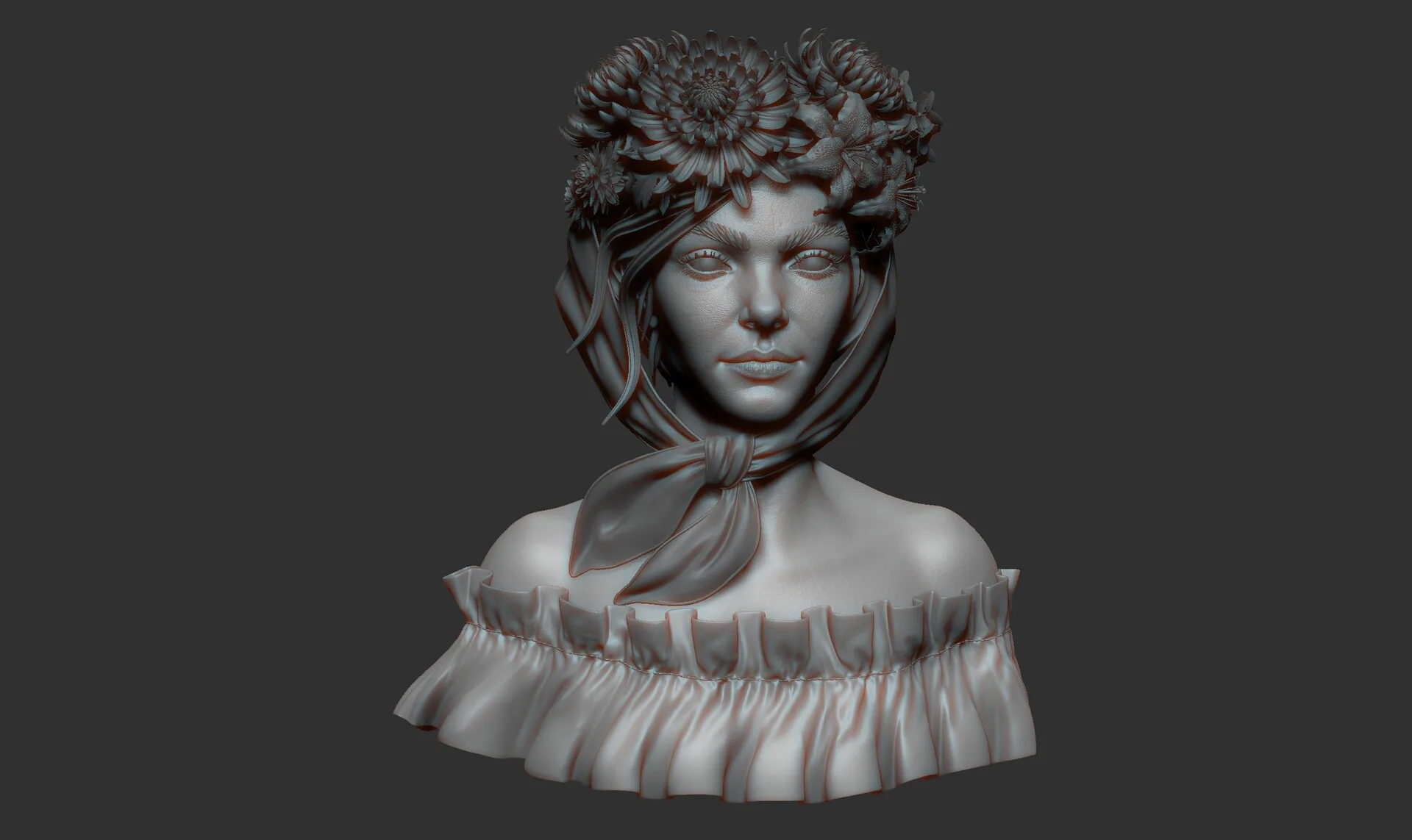 Portrait with Flowers ZBrush clay render 02 — digital portrait sculpt by Anna Schmelzer
