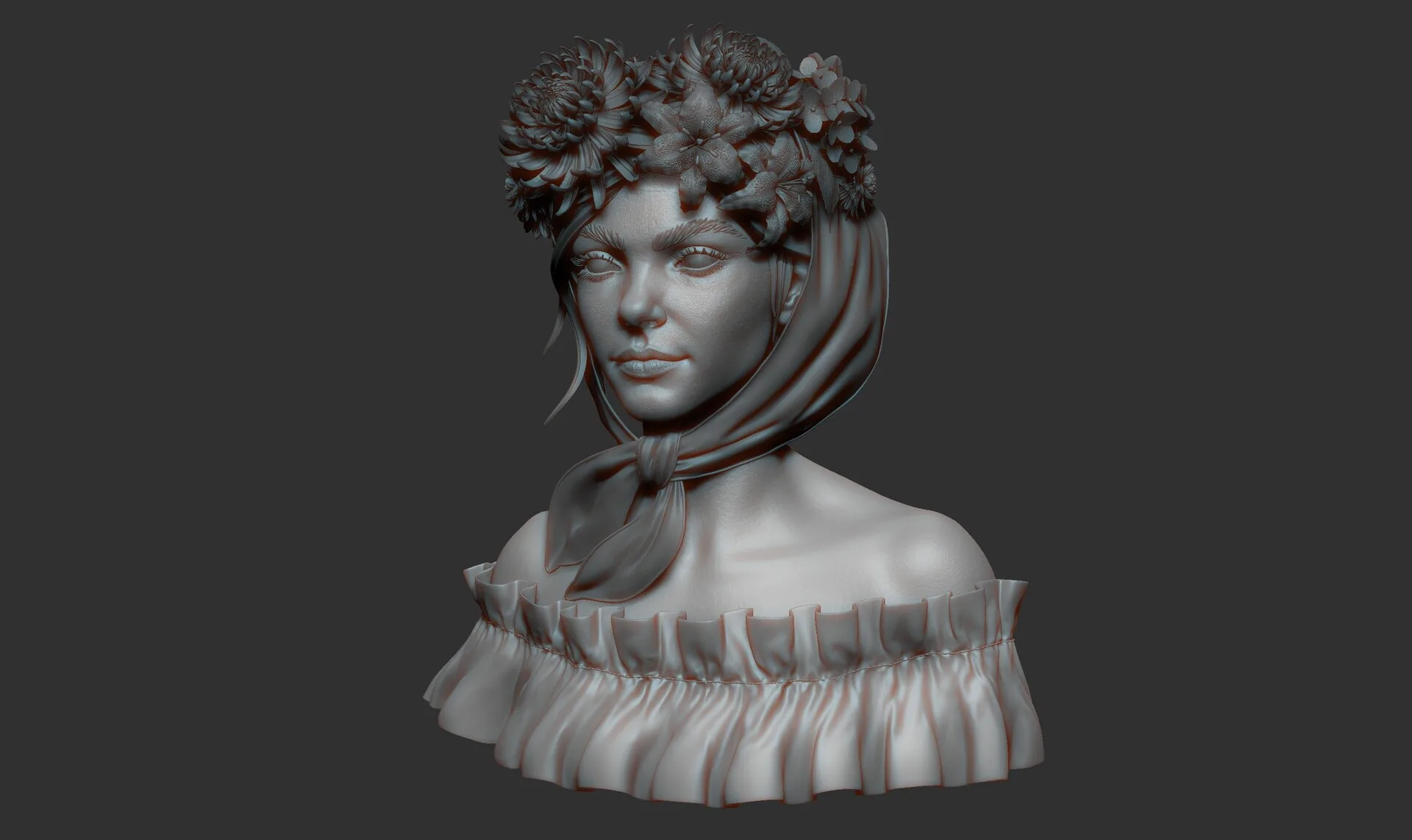 Portrait with Flowers ZBrush clay render 03 — hyperrealistic portrait study by Anna Schmelzer