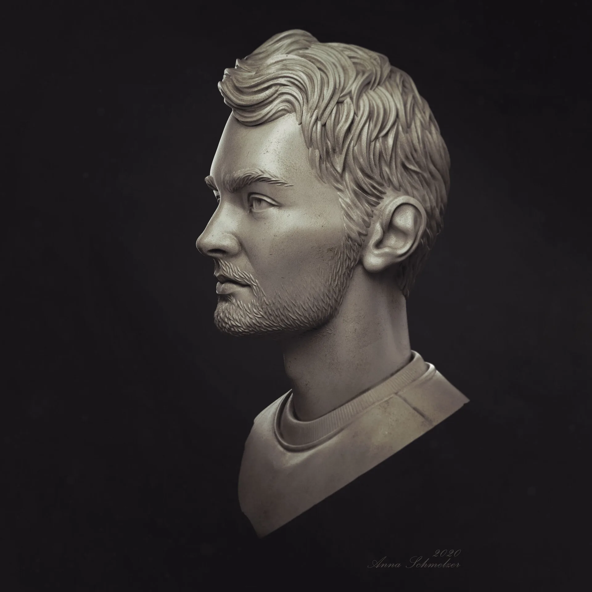 Radcat studio portrait sculpt of Brendan at 60-degree left view by Anna Schmelzer