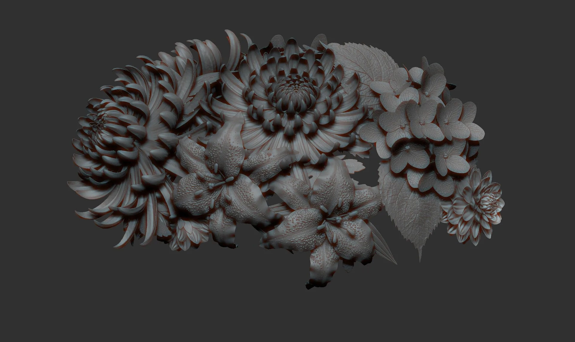 Portrait with Flowers ZBrush clay render 04 — botanical crown sculpt by Anna Schmelzer