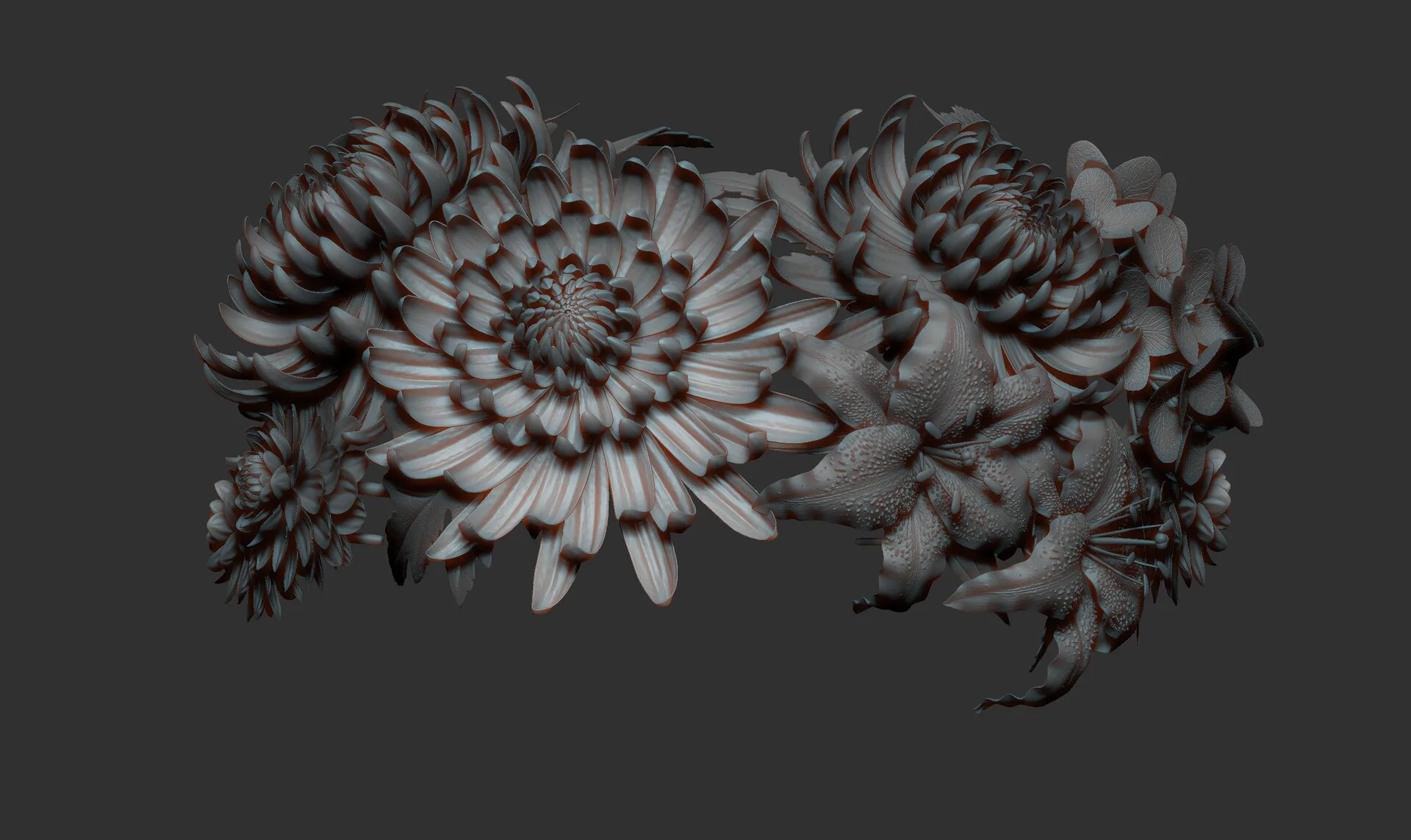 Portrait with Flowers ZBrush clay render 05 — photorealistic 3D model by Anna Schmelzer