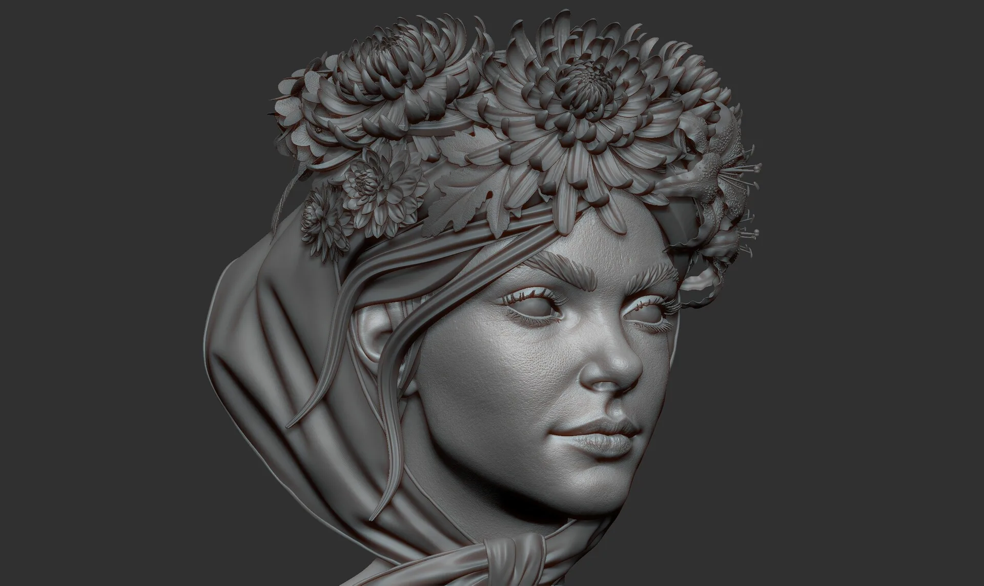 Portrait with Flowers ZBrush clay render 10 — floral crown detail by Anna Schmelzer