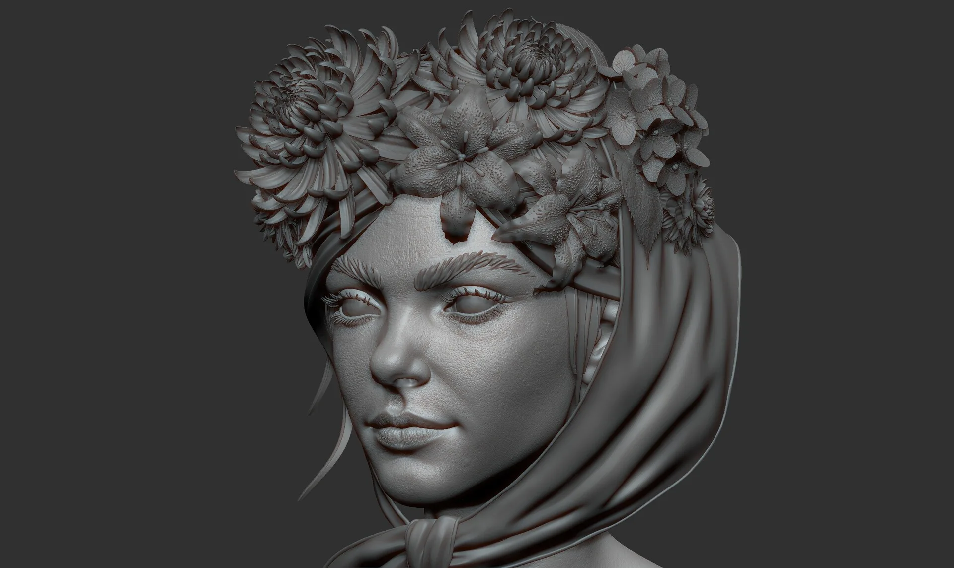 Portrait with Flowers ZBrush clay render 11 — photorealistic portrait by Anna Schmelzer