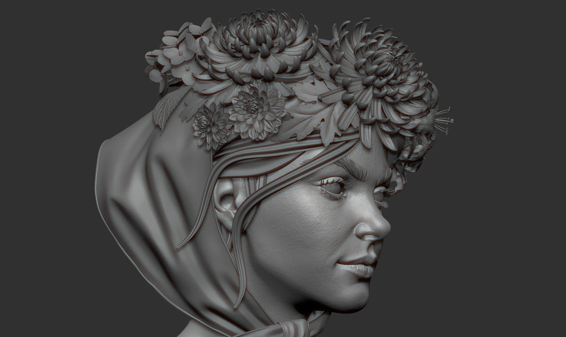 Portrait with Flowers ZBrush clay render 12 — digital portrait sculpture by Anna Schmelzer