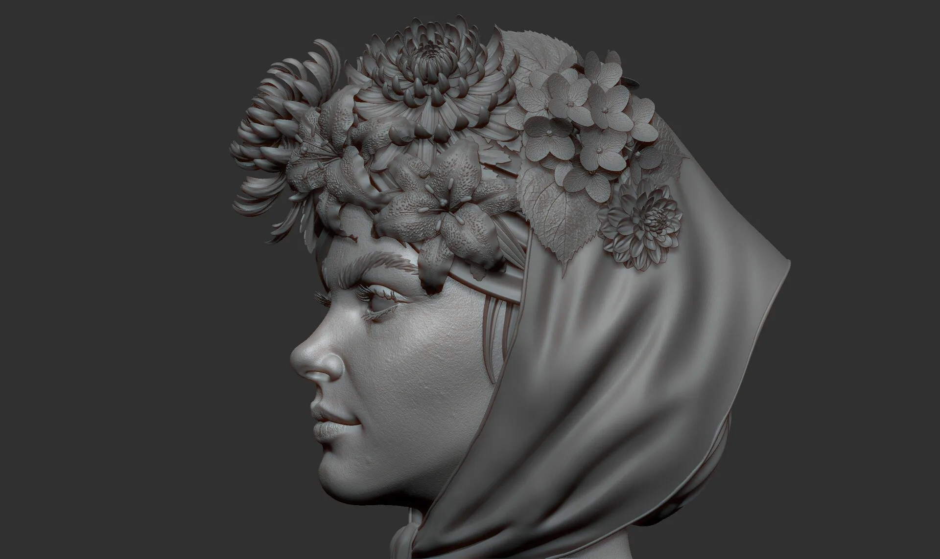 Portrait with Flowers ZBrush clay render 13 — ZBrush portrait study by Anna Schmelzer