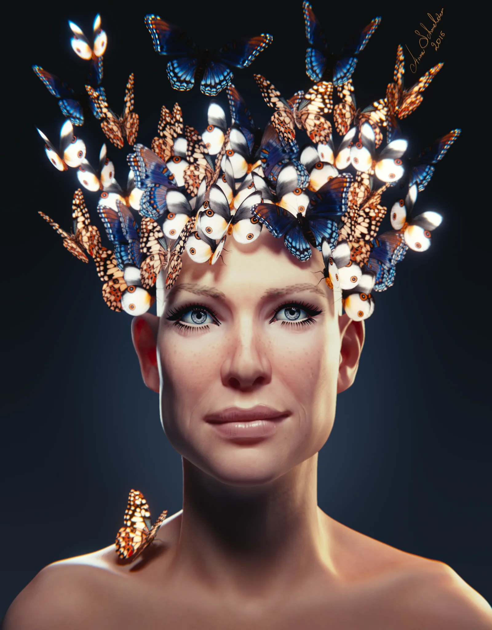 Clair likeness sculpt with butterfly crown in color by Anna Schmelzer