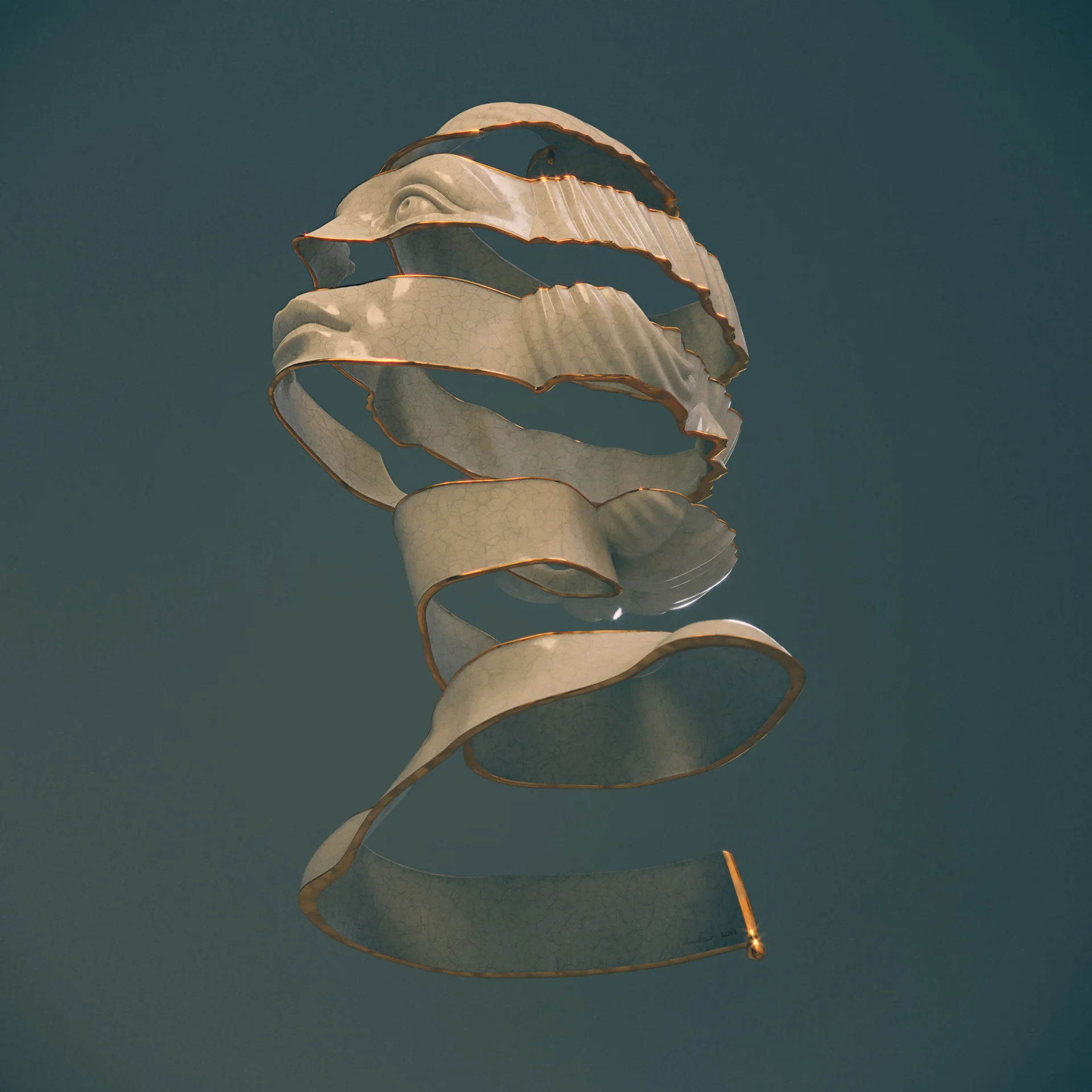 Low-angle view of the Escheresque abstract portrait sculpt by Anna Schmelzer