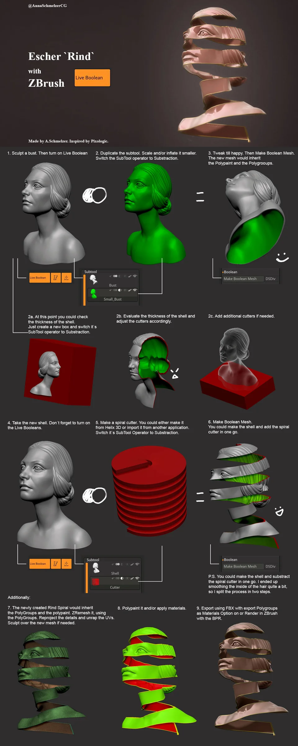 ZBrush boolean-process render from the Escheresque portrait study by Anna Schmelzer