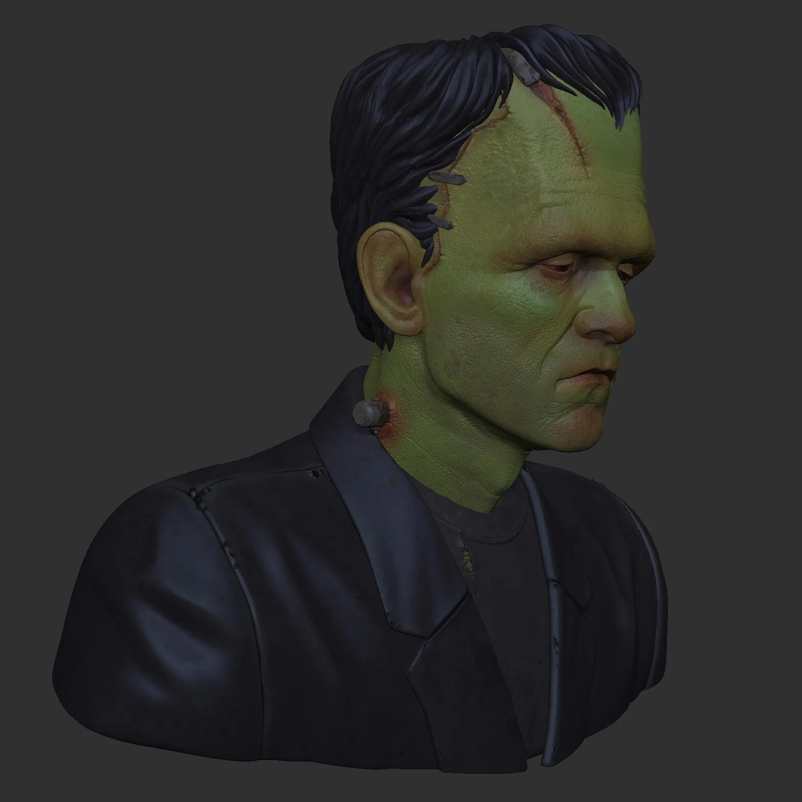 Frankenstein's Monster — skin shader development pass, multi-layer SSS test render in Blender Cycles