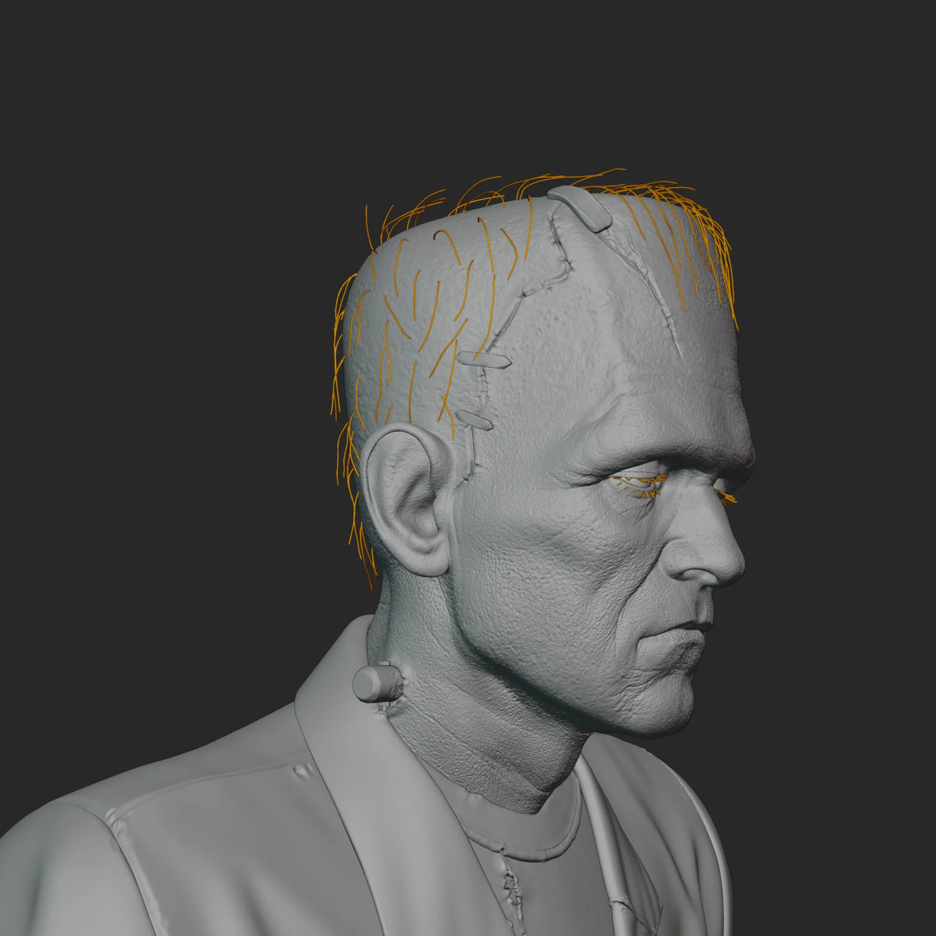 Frankenstein's Monster — character with parental figures, narrative composition render by Anna Schmelzer