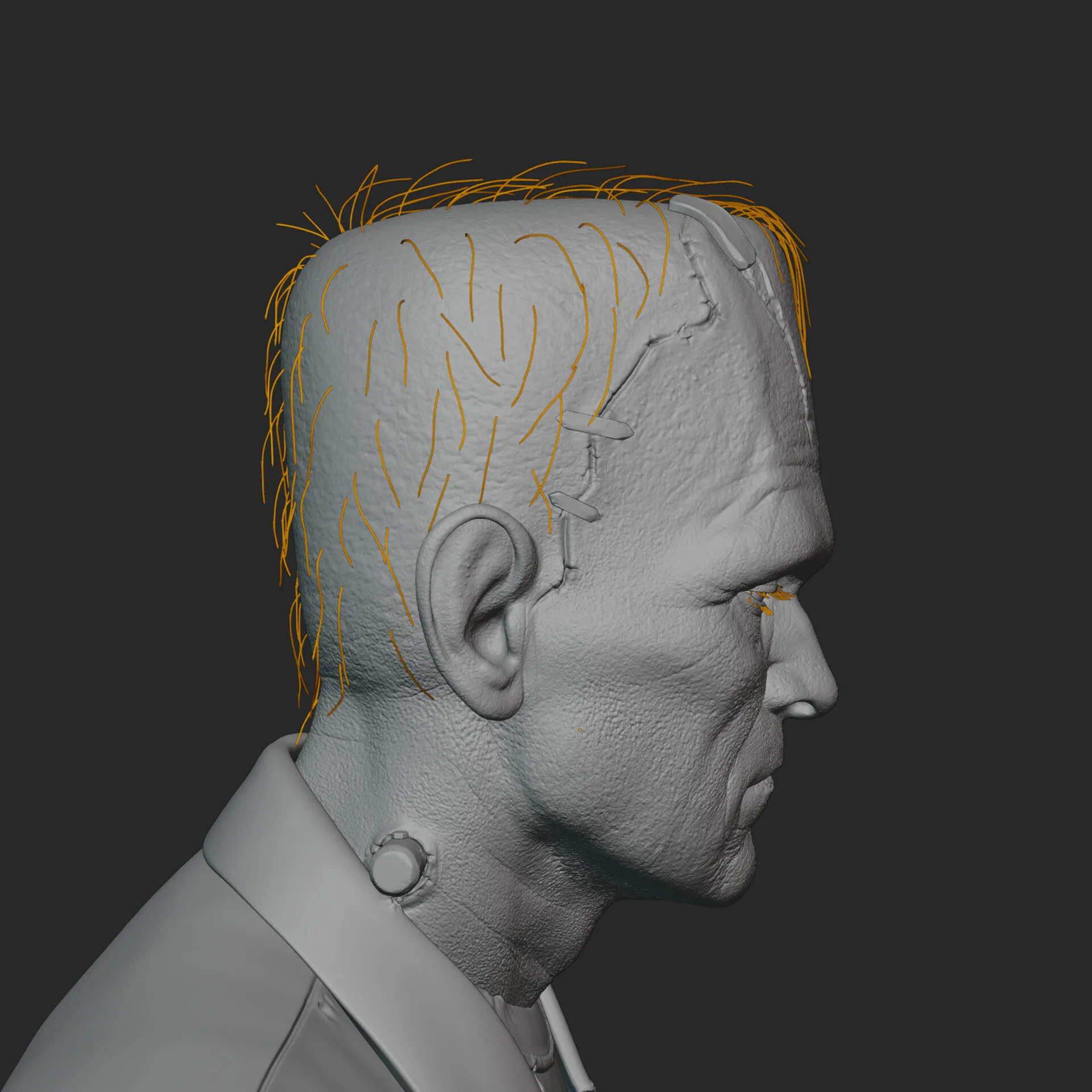 Frankenstein's Monster — side view with parental figures, gothic horror character modelling by Anna Schmelzer