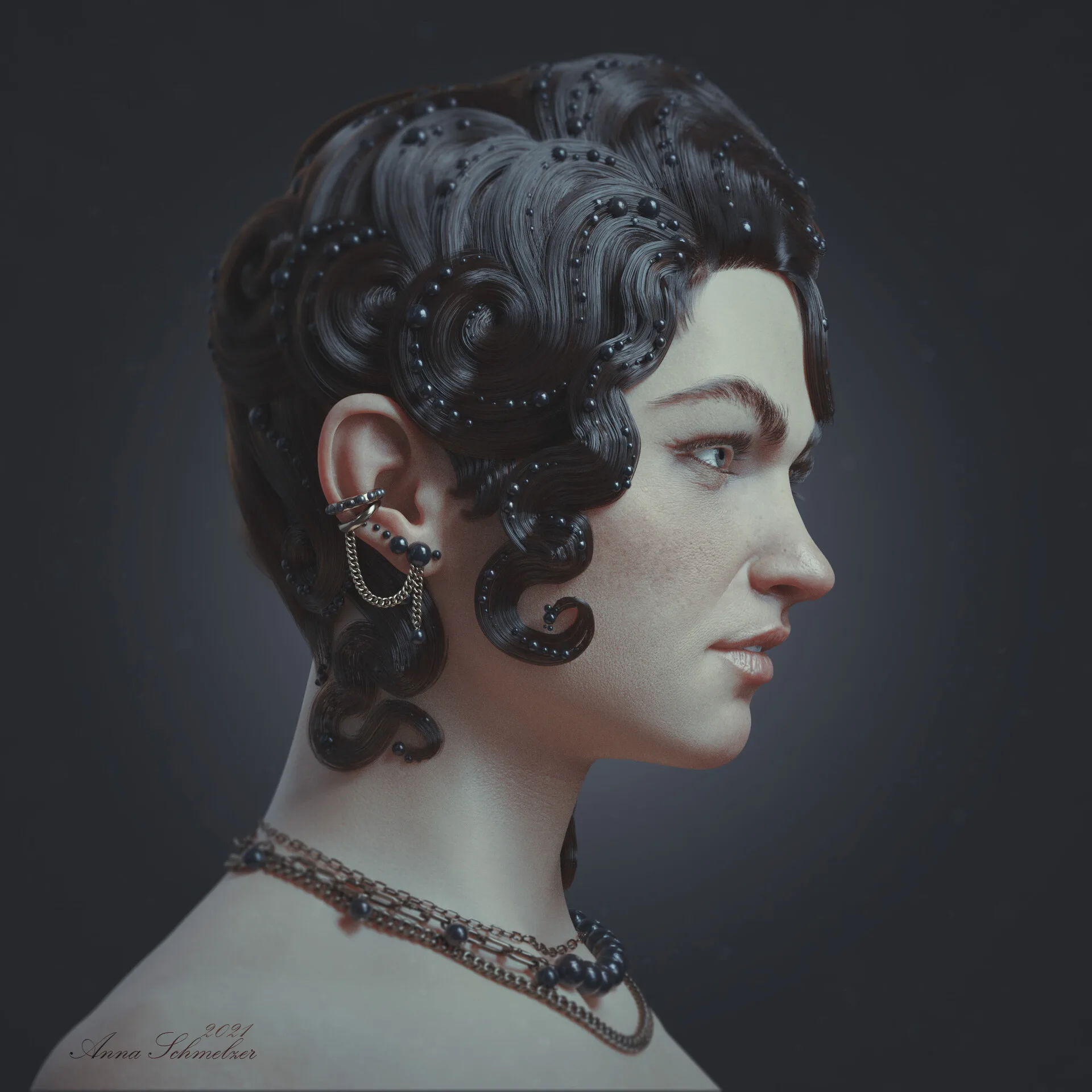 Portrait with Waves — 3/4 right skin-pass render showing pore and texture detail by Anna Schmelzer