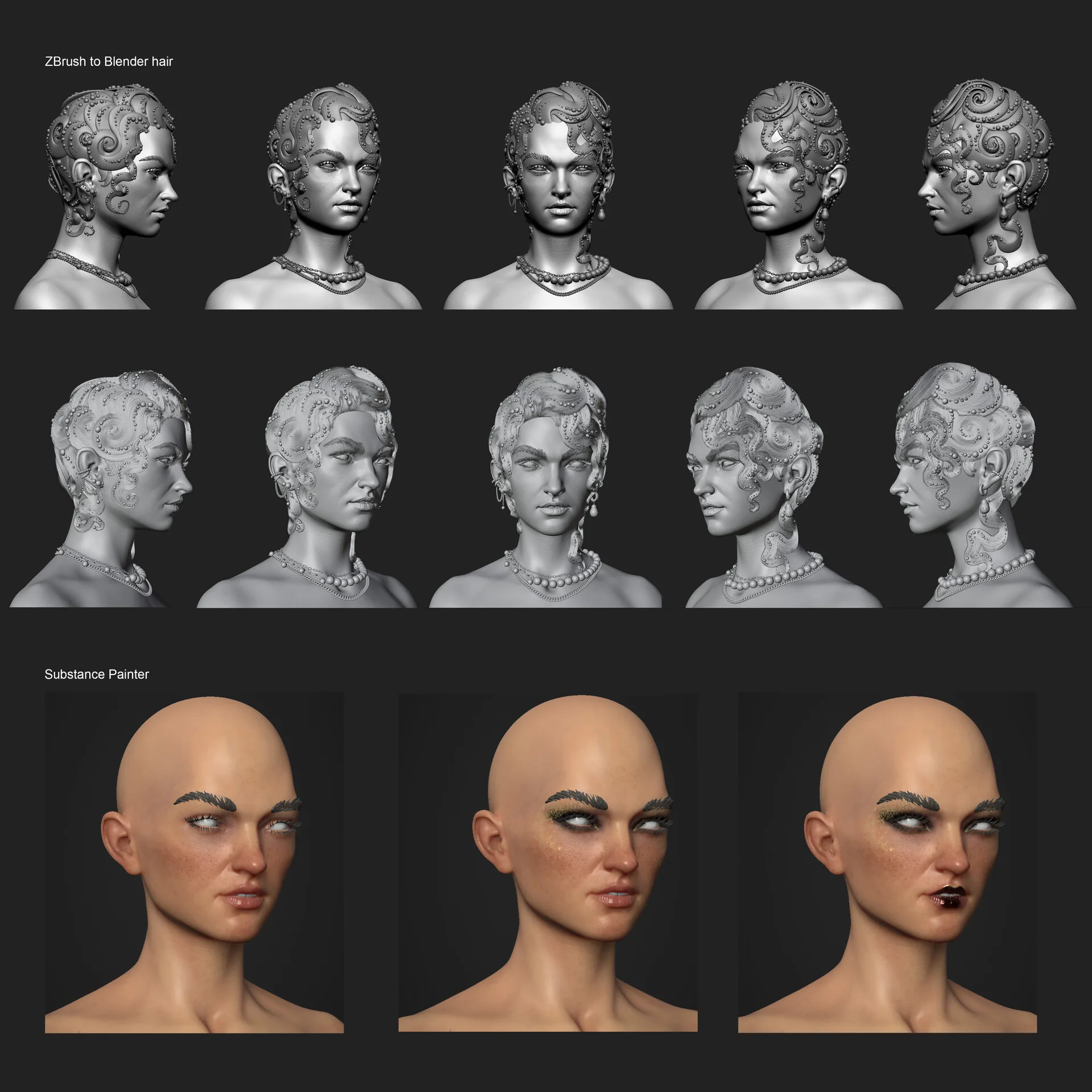 Portrait with Waves — ZBrush clay rotation snapshots showing sculpt progress by Anna Schmelzer