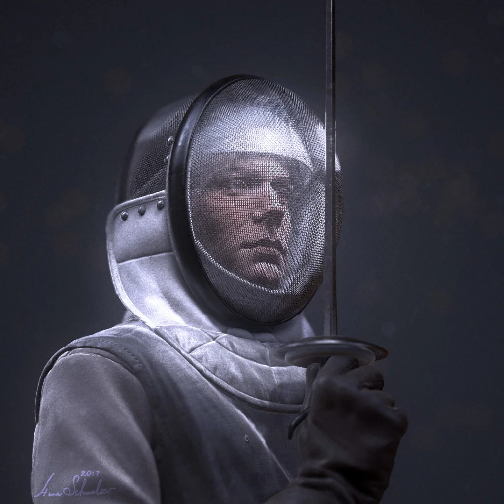 ZBrush-Fechter als WebGL-Spielfigur in Nahansicht von Anna Schmelzer