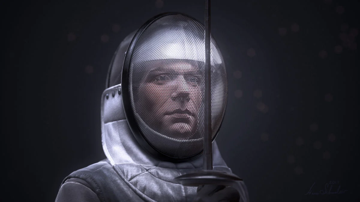 Front facial close-up of the ZBrush Fencer game character by Anna Schmelzer